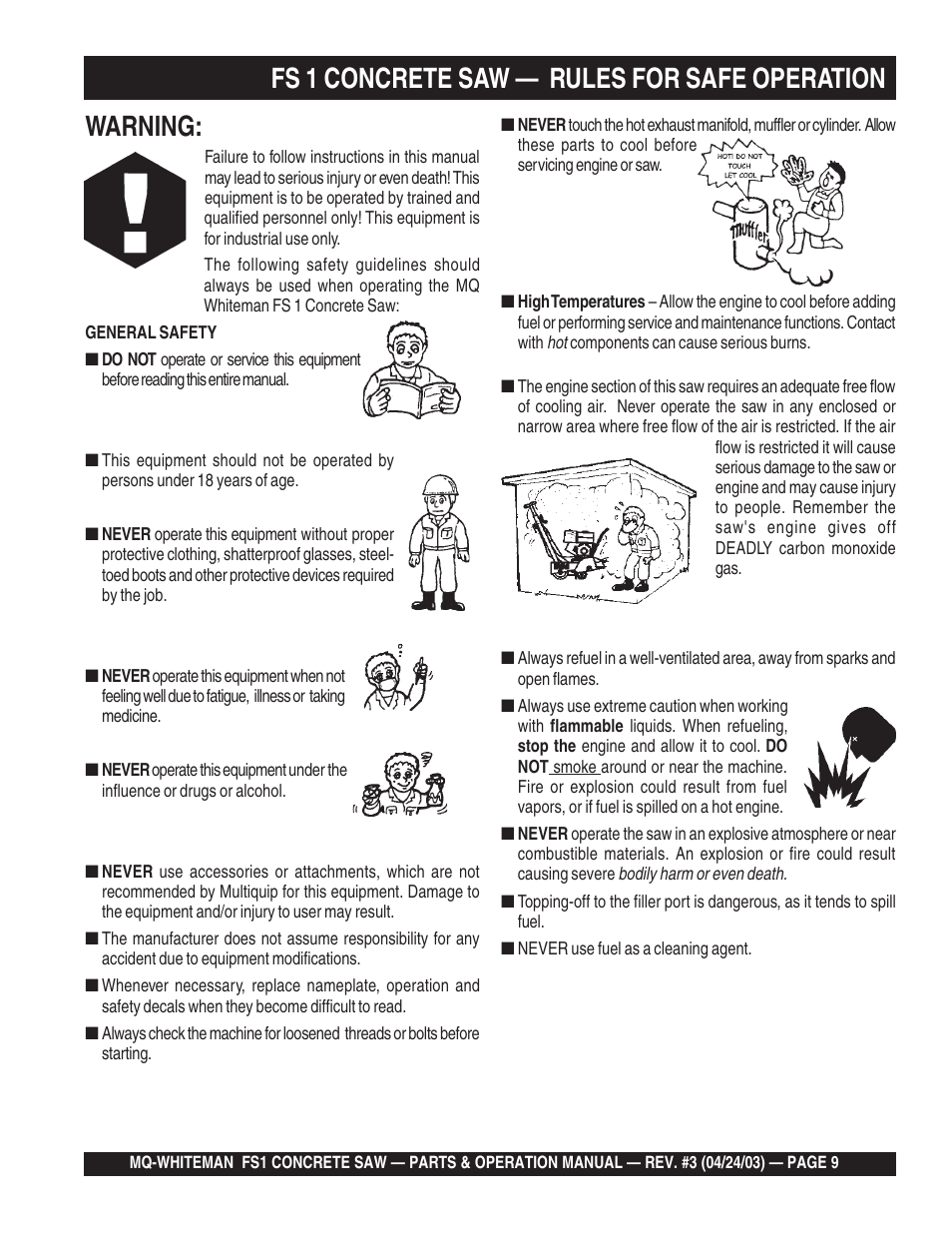 Warning, Fs 1 concrete saw — rules for safe operation | Multiquip FS1 User Manual | Page 9 / 56