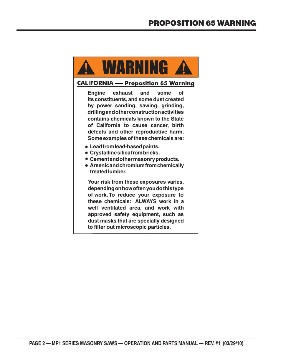 Proposition 65 warning | Multiquip MP120E User Manual | Page 2 / 94