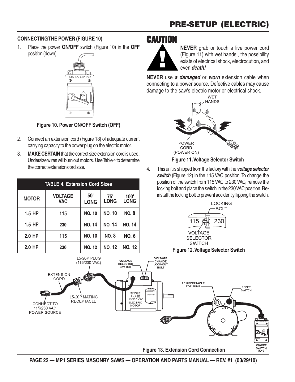 Caution, Pre-setup (electric) | Multiquip MP120E User Manual | Page 22 / 94