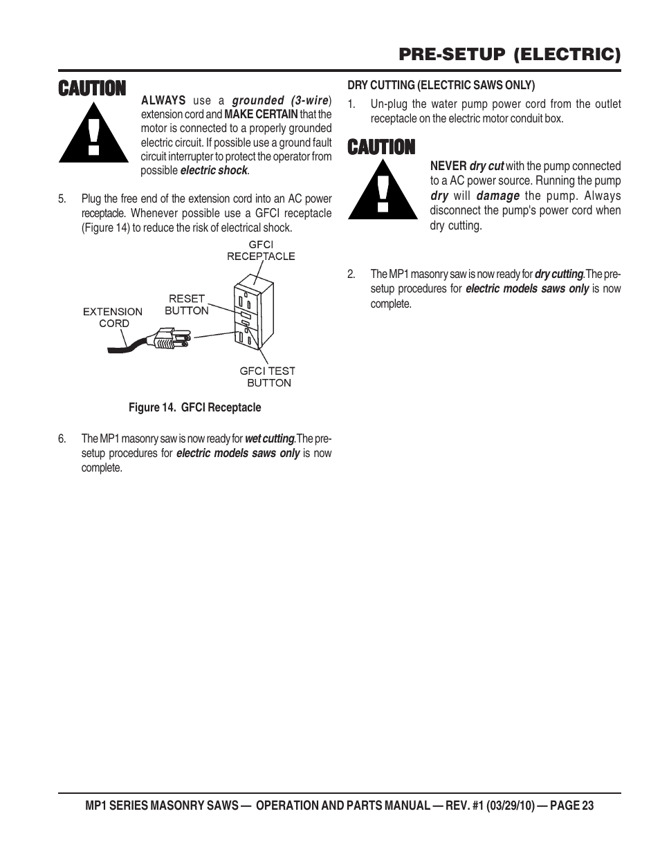 Caution, Pre-setup (electric) | Multiquip MP120E User Manual | Page 23 / 94