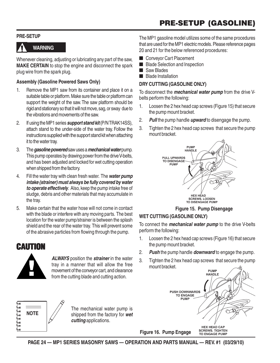 Caution, Pre-setup (gasoline) | Multiquip MP120E User Manual | Page 24 / 94