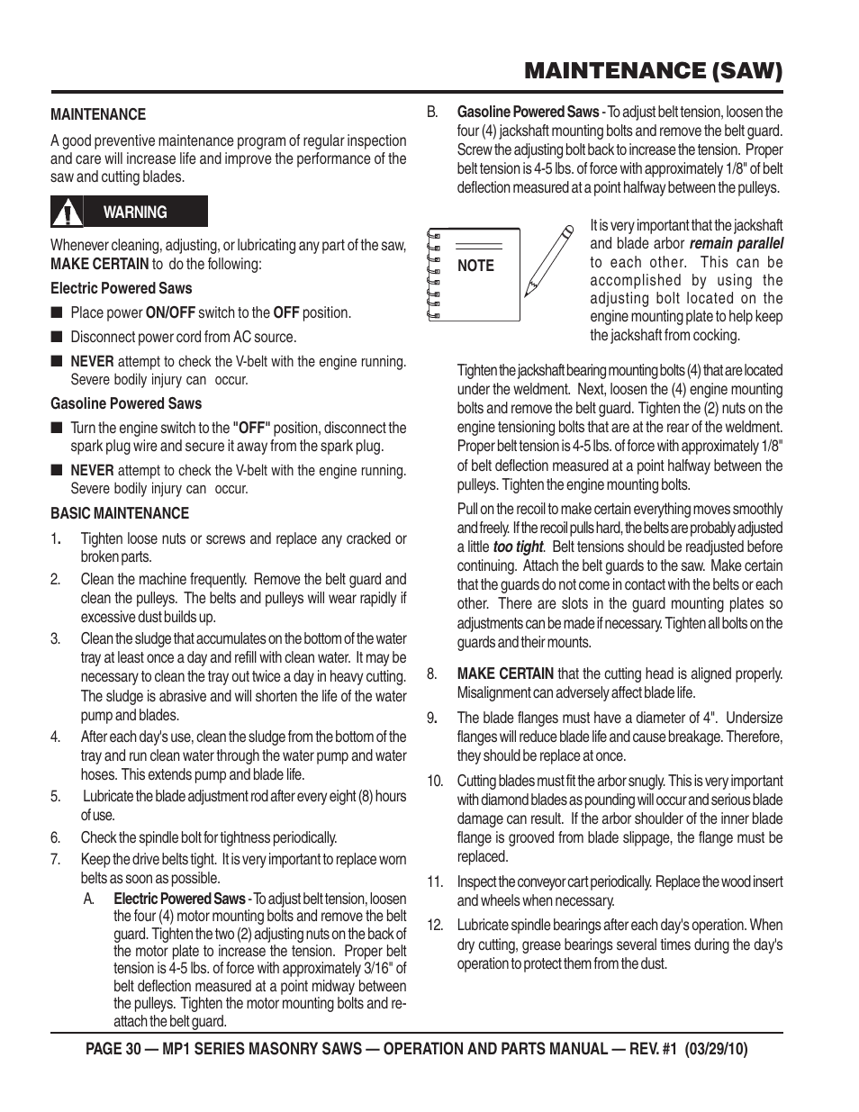 Maintenance (saw) | Multiquip MP120E User Manual | Page 30 / 94