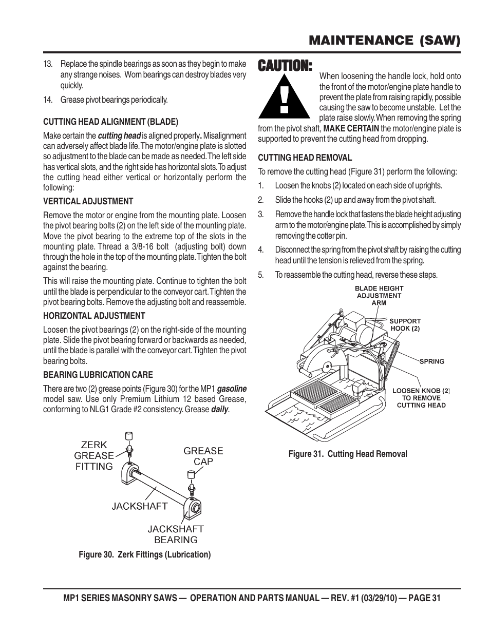 Caution, Maintenance (saw) | Multiquip MP120E User Manual | Page 31 / 94