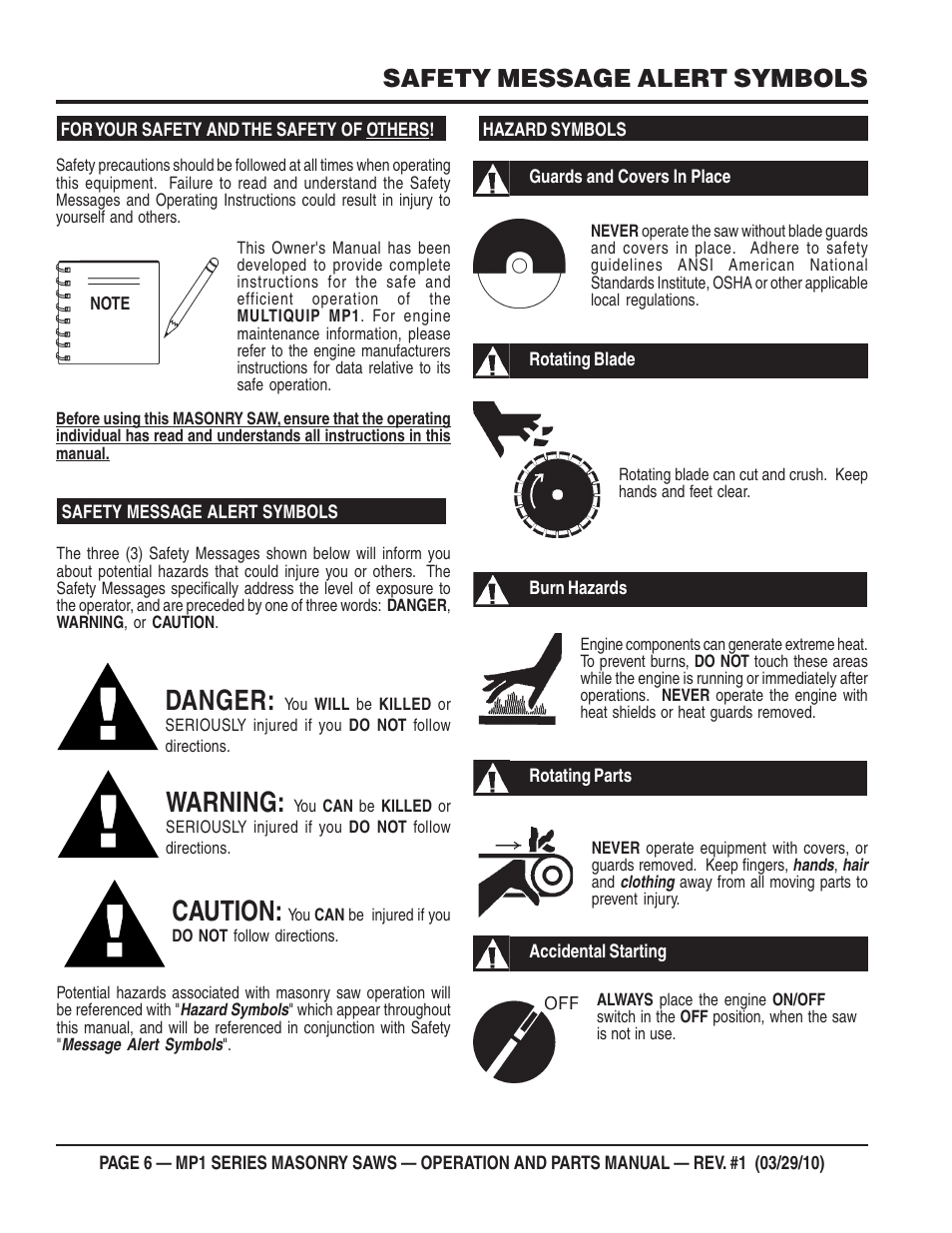 Danger, Warning, Caution | Safety message alert symbols | Multiquip MP120E User Manual | Page 6 / 94