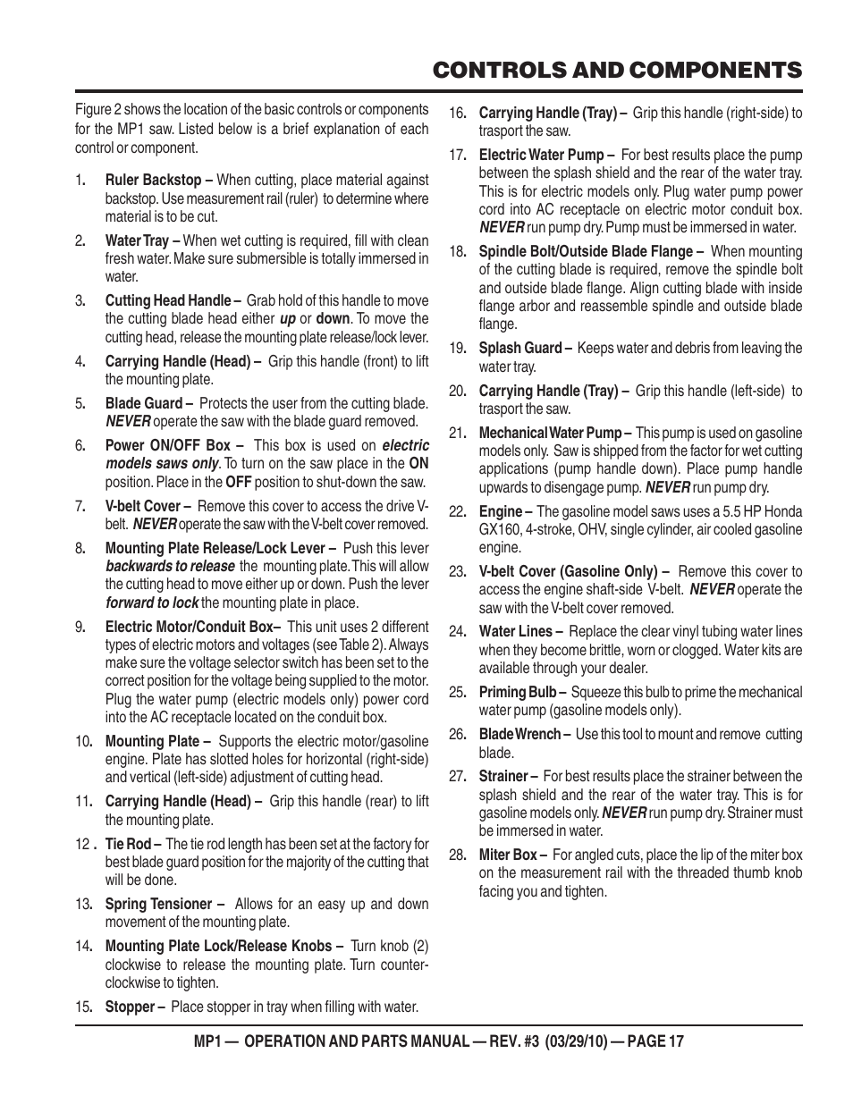 Controls and components | Multiquip MP1420E User Manual | Page 17 / 94
