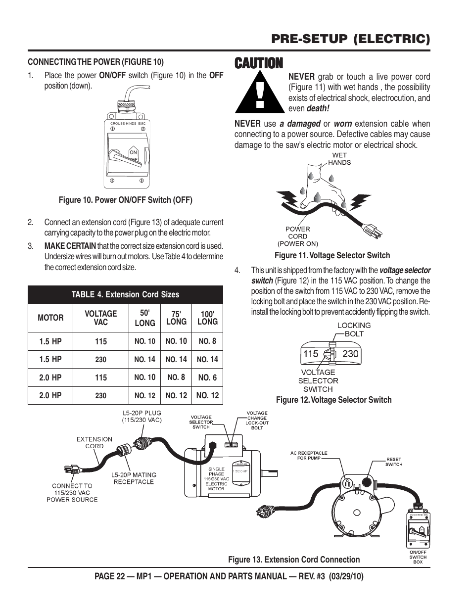 Caution, Pre-setup (electric) | Multiquip MP1420E User Manual | Page 22 / 94