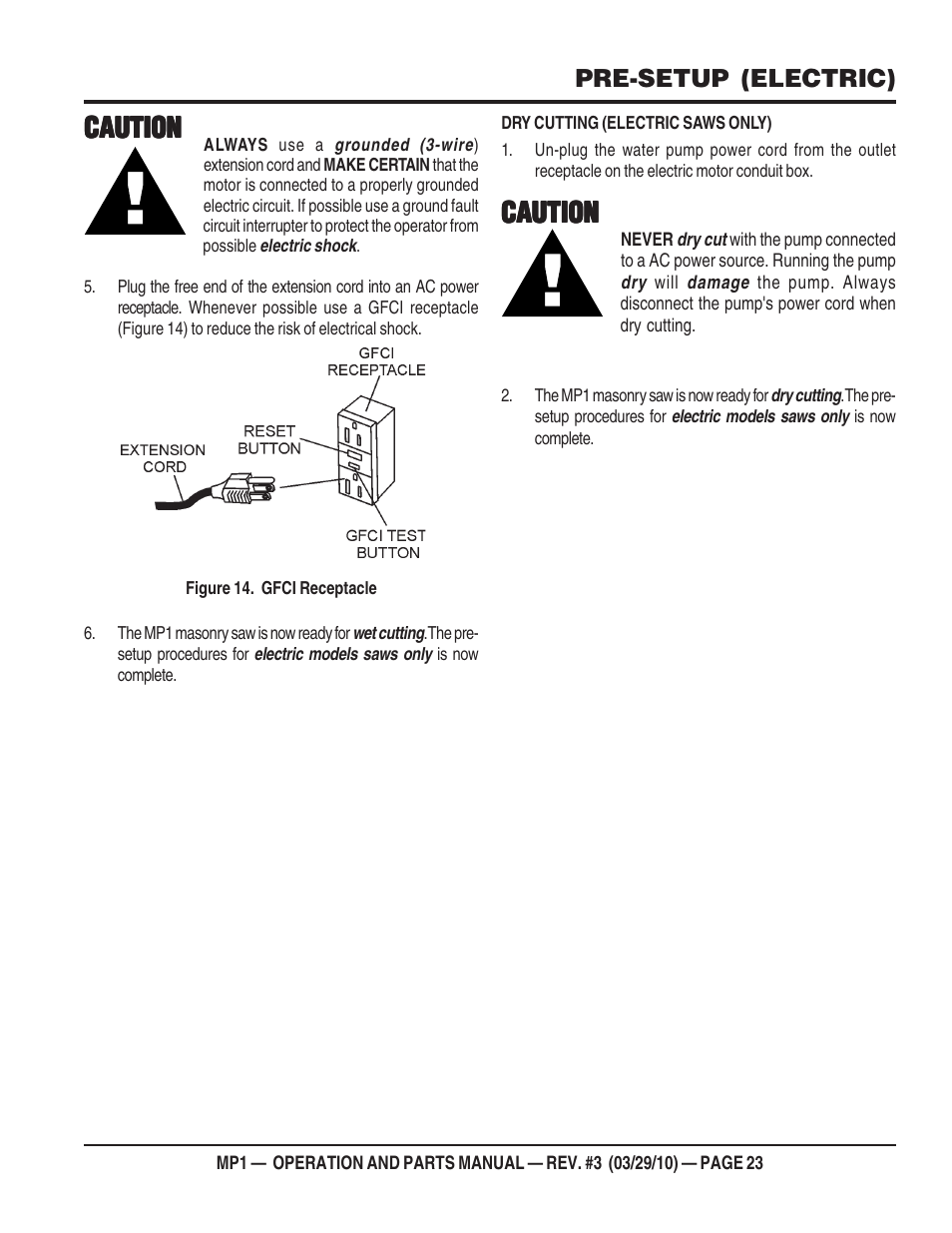 Caution, Pre-setup (electric) | Multiquip MP1420E User Manual | Page 23 / 94
