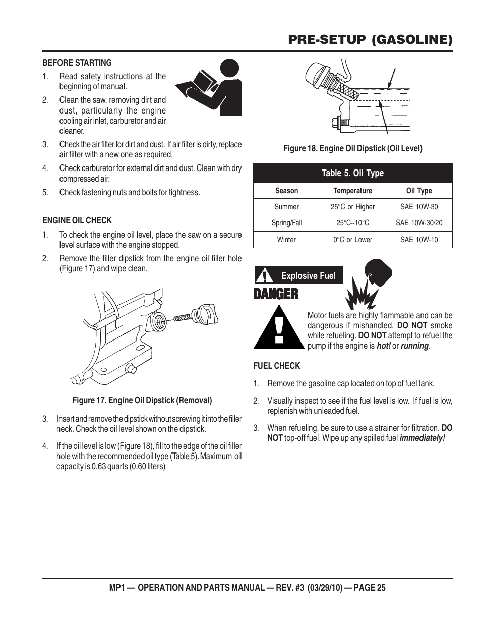 Danger, Pre-setup (gasoline) | Multiquip MP1420E User Manual | Page 25 / 94