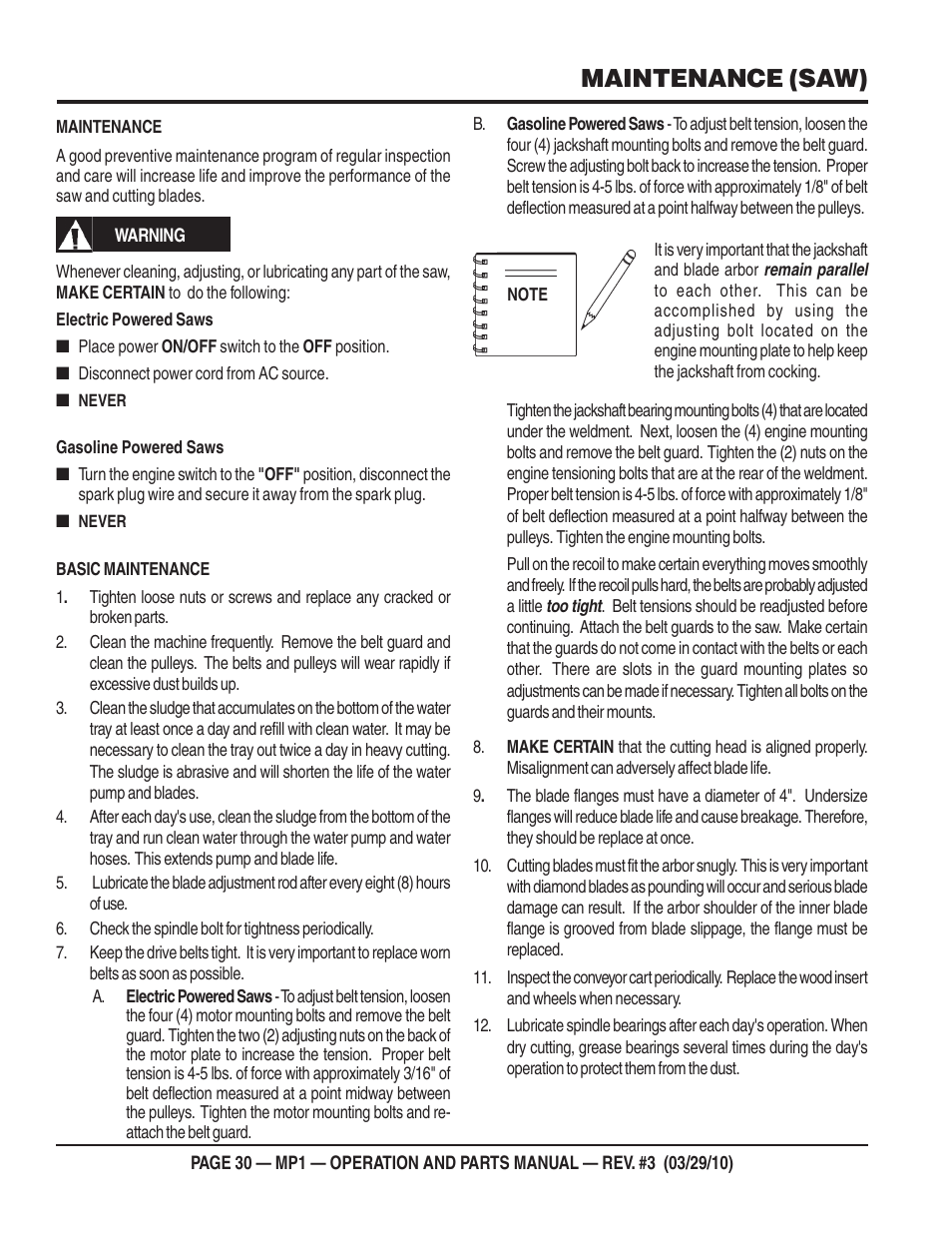 Maintenance (saw) | Multiquip MP1420E User Manual | Page 30 / 94