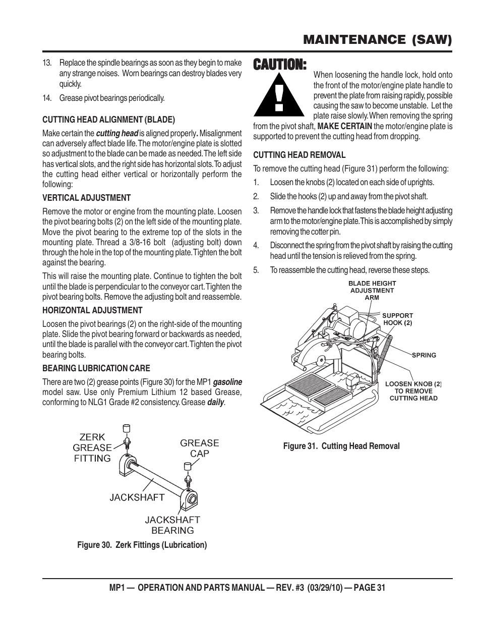 Caution, Maintenance (saw) | Multiquip MP1420E User Manual | Page 31 / 94