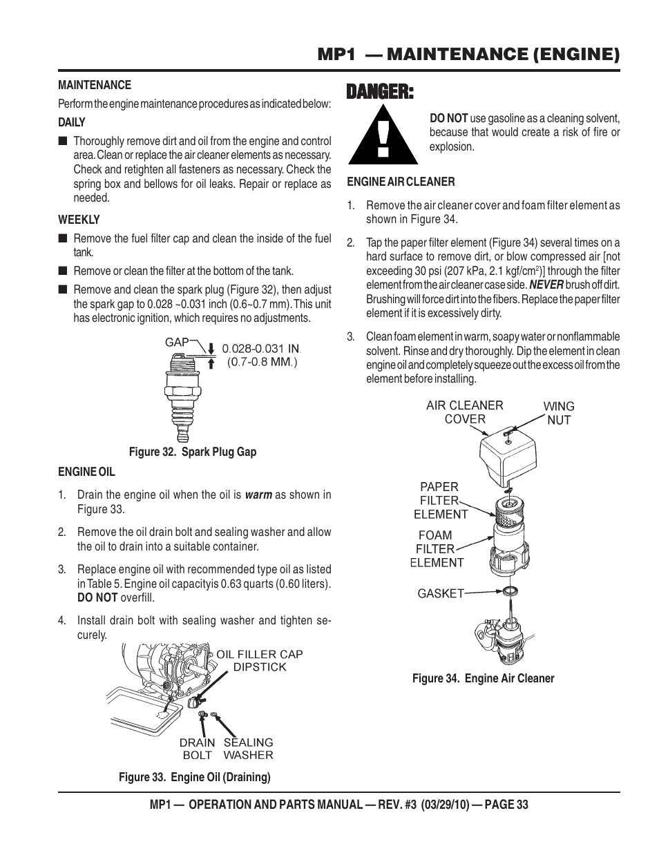 Danger, Mp1 — maintenance (engine) | Multiquip MP1420E User Manual | Page 33 / 94