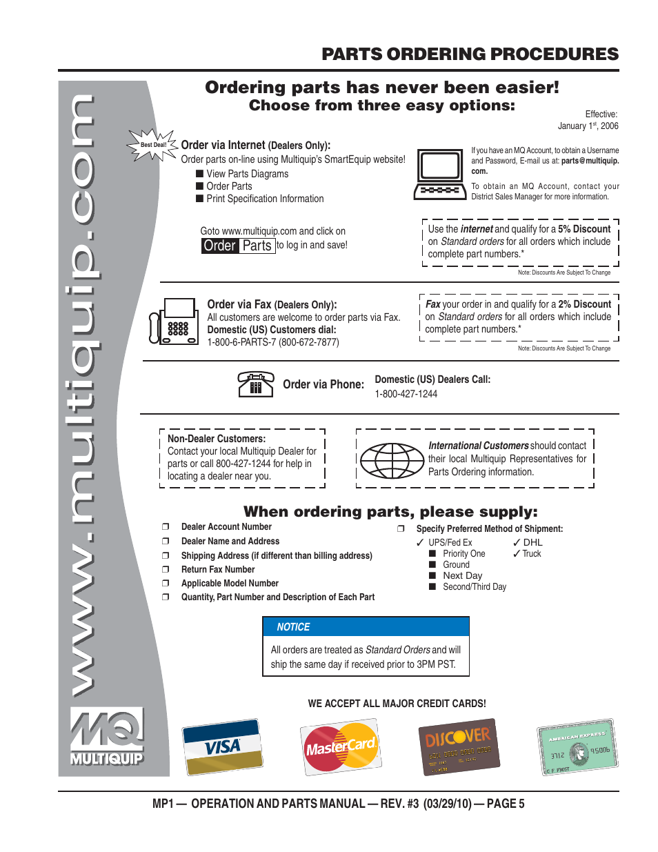 Parts ordering procedures, Ordering parts has never been easier, Choose from three easy options | When ordering parts, please supply, Order parts | Multiquip MP1420E User Manual | Page 5 / 94