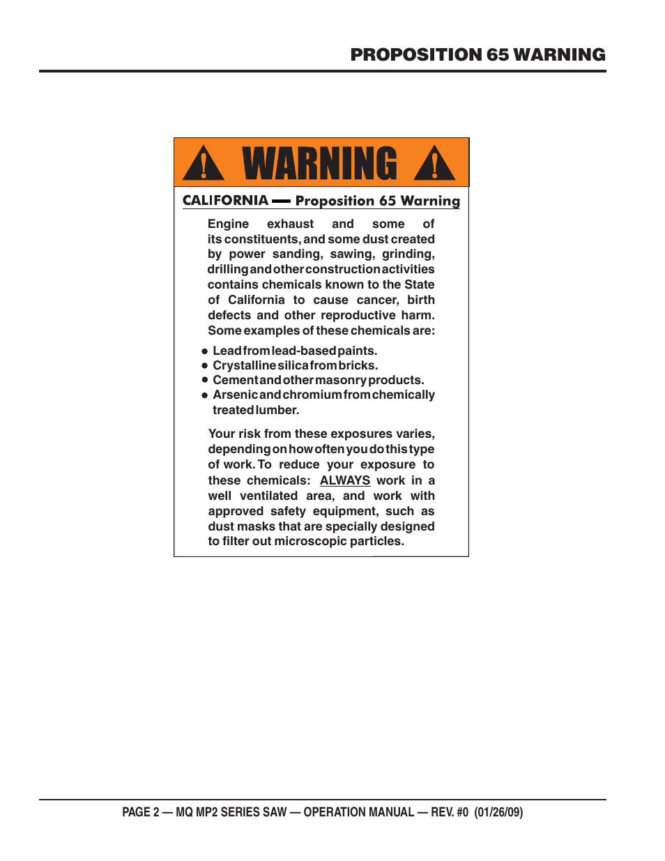 Proposition 65 warning | Multiquip MP2H User Manual | Page 2 / 38