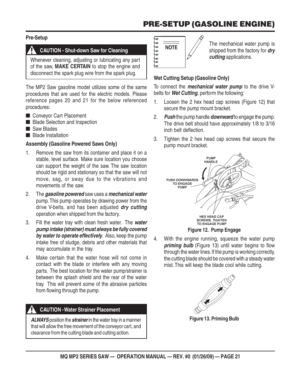 Pre-setup (gasoline engine) | Multiquip MP2H User Manual | Page 21 / 38