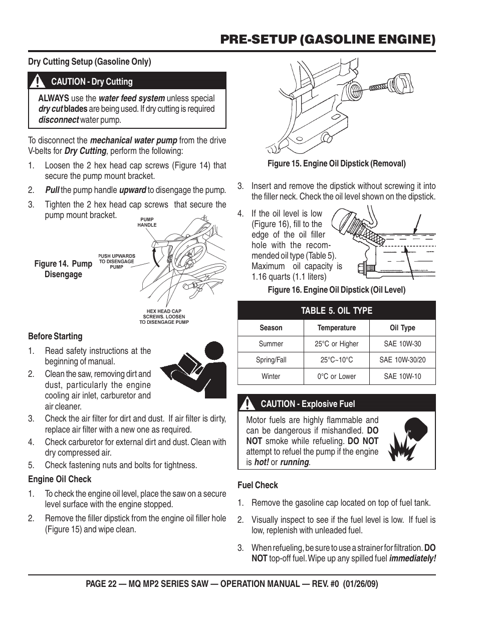 Pre-setup (gasoline engine) | Multiquip MP2H User Manual | Page 22 / 38