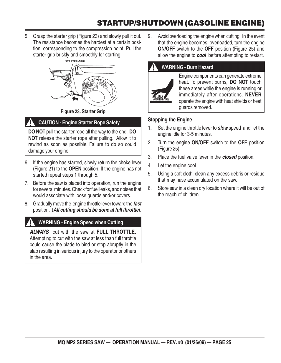 Startup/shutdown (gasoline engine) | Multiquip MP2H User Manual | Page 25 / 38