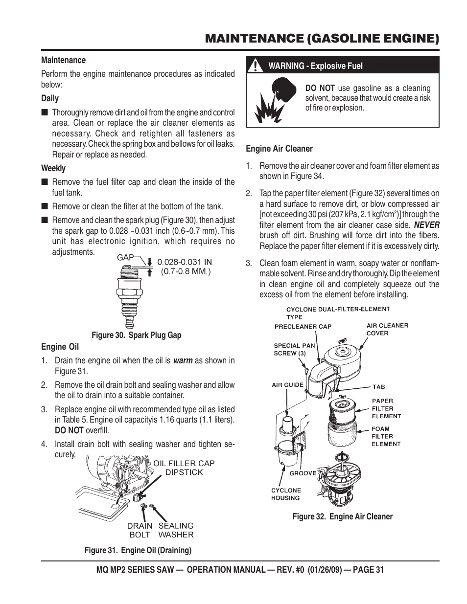 Maintenance (gasoline engine) | Multiquip MP2H User Manual | Page 31 / 38