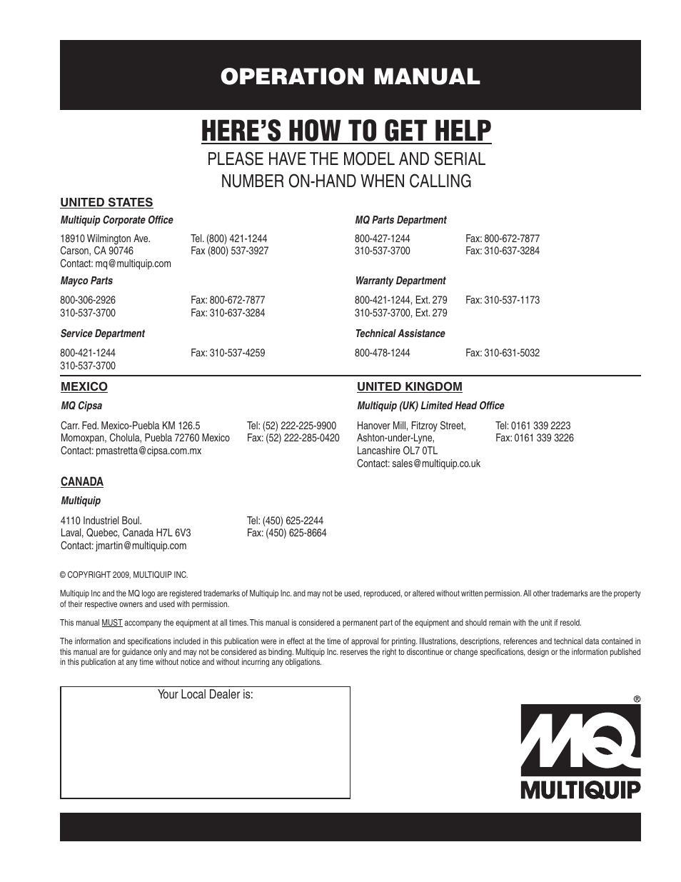 Here’s how to get help, Operation manual | Multiquip MP2H User Manual | Page 38 / 38