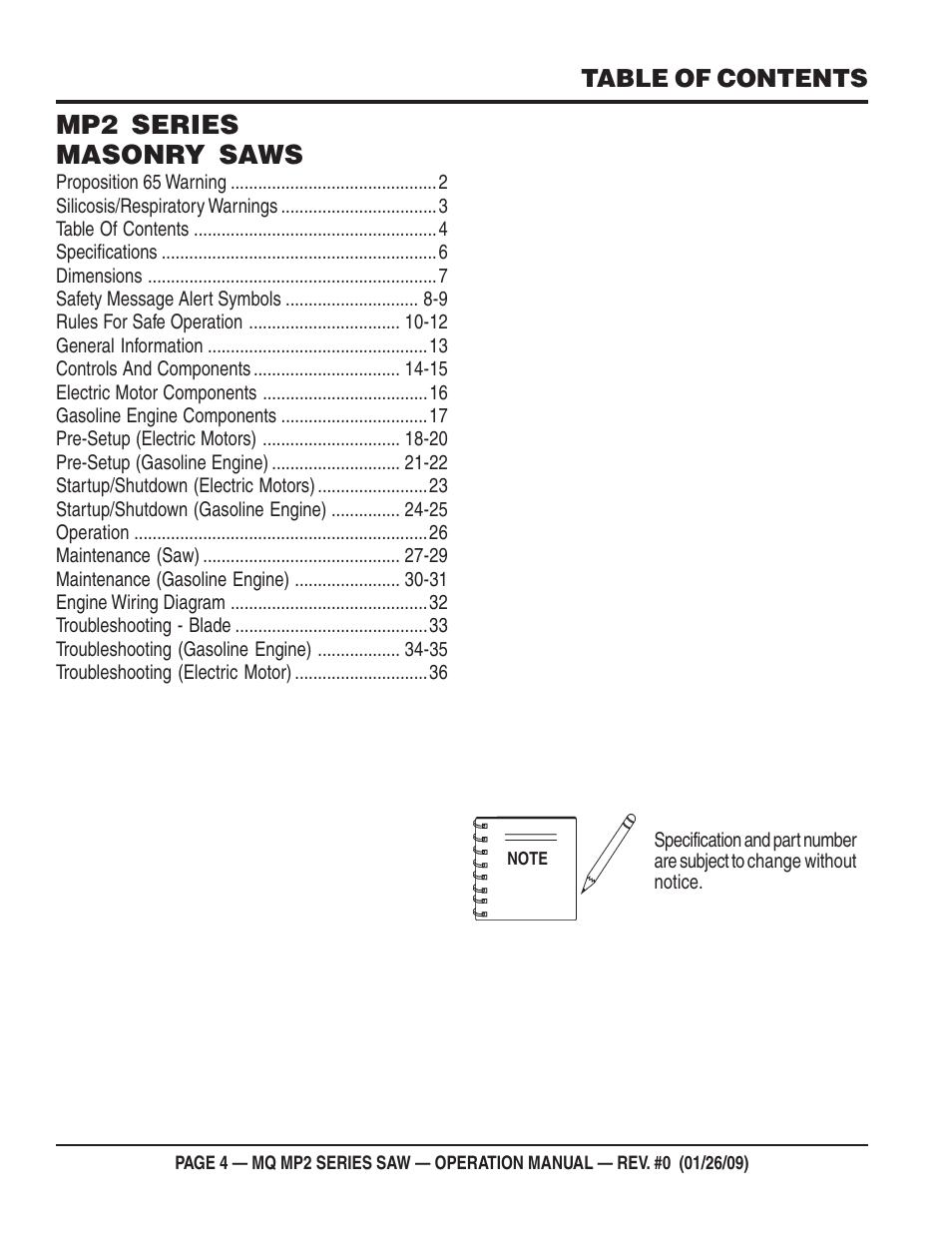 Mp2 series masonry saws | Multiquip MP2H User Manual | Page 4 / 38
