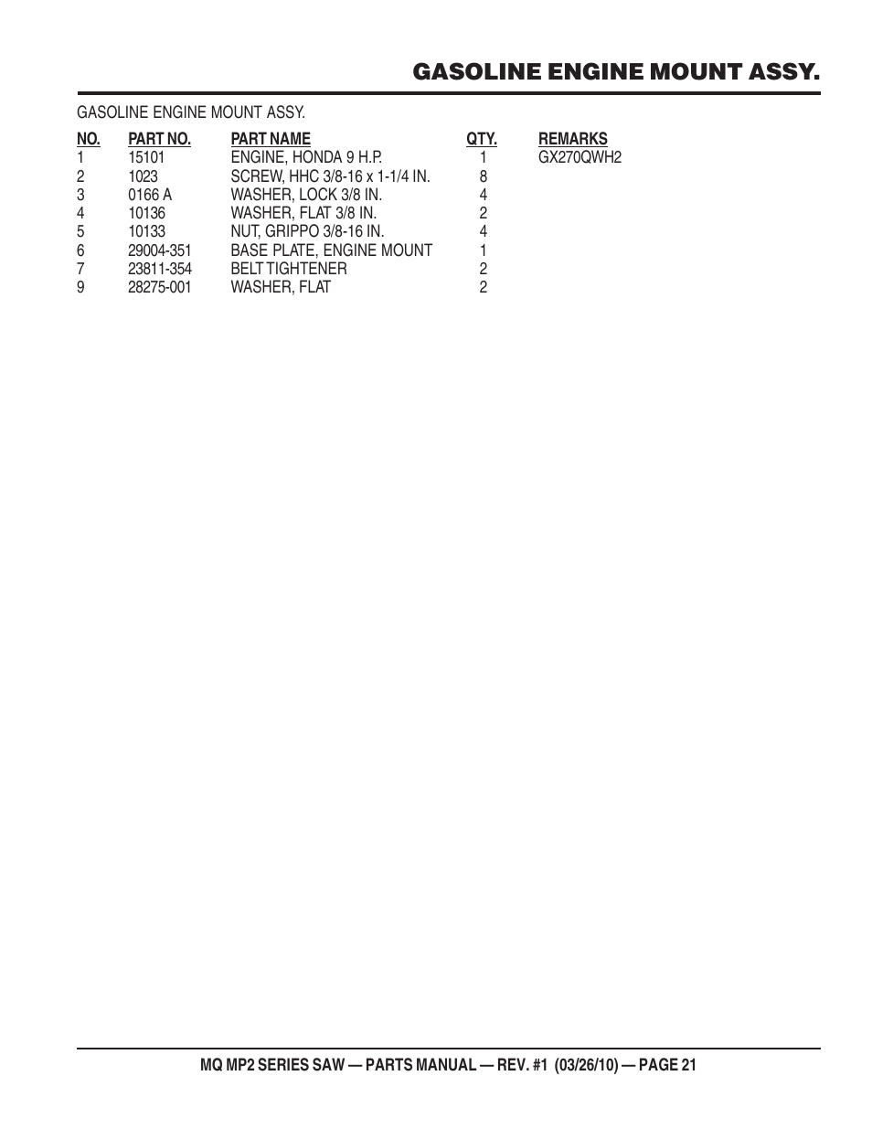 Gasoline engine mount assy | Multiquip MP25E1 User Manual | Page 21 / 64