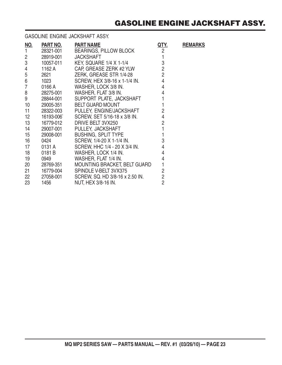 Gasoline engine jackshaft assy | Multiquip MP25E1 User Manual | Page 23 / 64