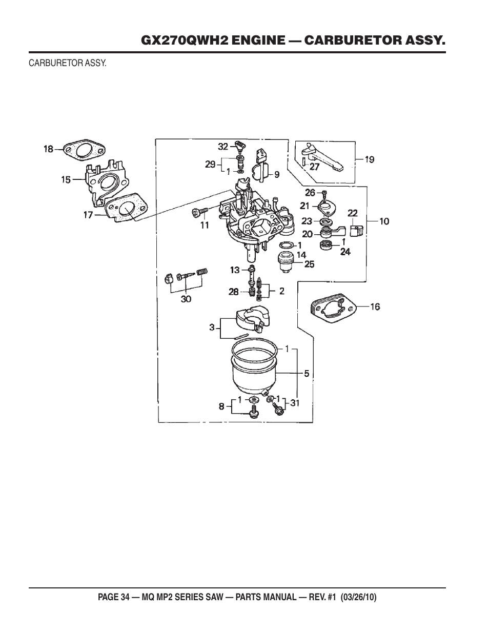 Gx270qwh2 engine — carburetor assy | Multiquip MP25E1 User Manual | Page 34 / 64