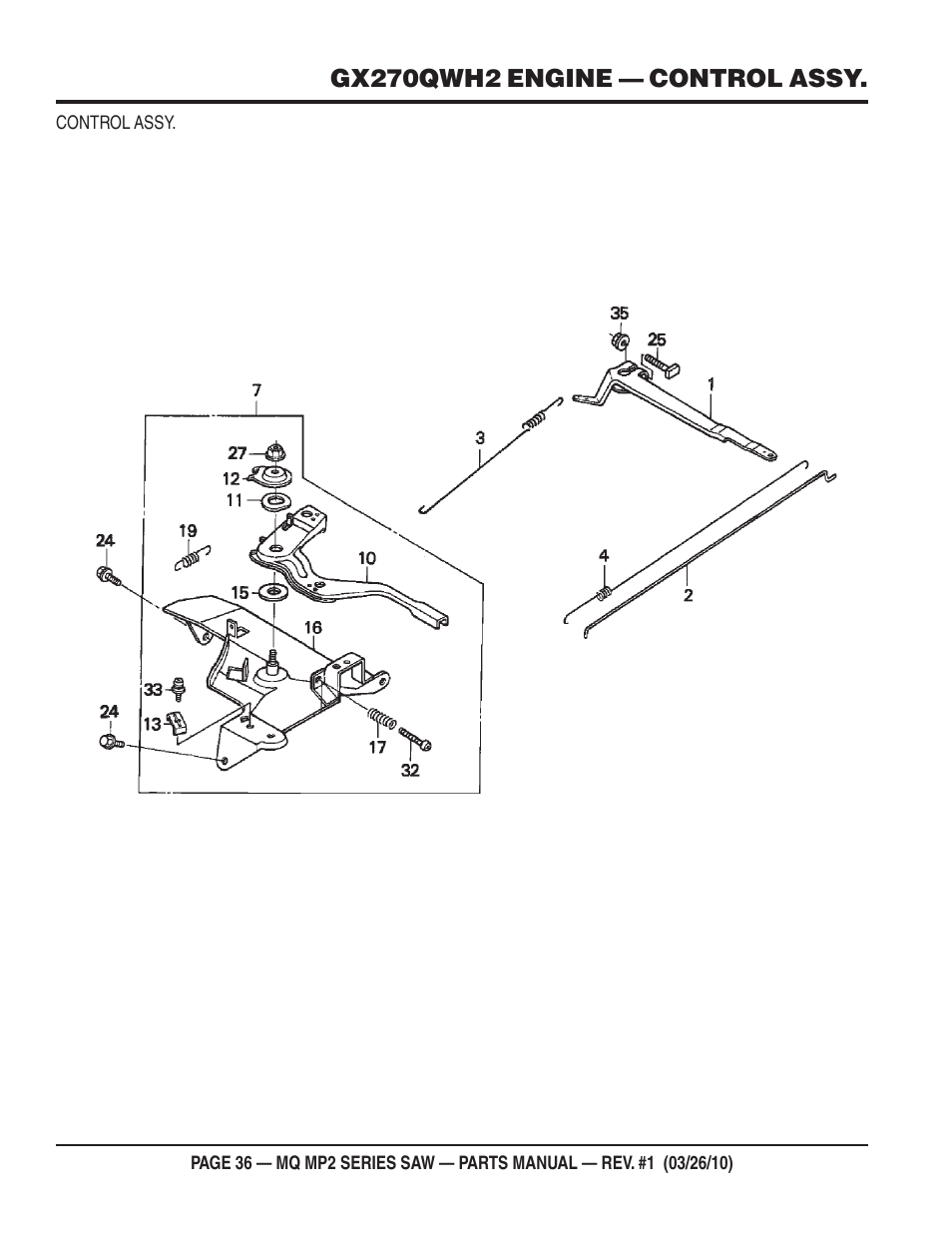 Gx270qwh2 engine — control assy | Multiquip MP25E1 User Manual | Page 36 / 64
