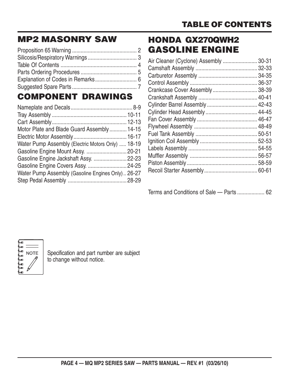 Gasoline engine, Mp2 masonry saw, Component drawings | Honda gx270qwh2 | Multiquip MP25E1 User Manual | Page 4 / 64