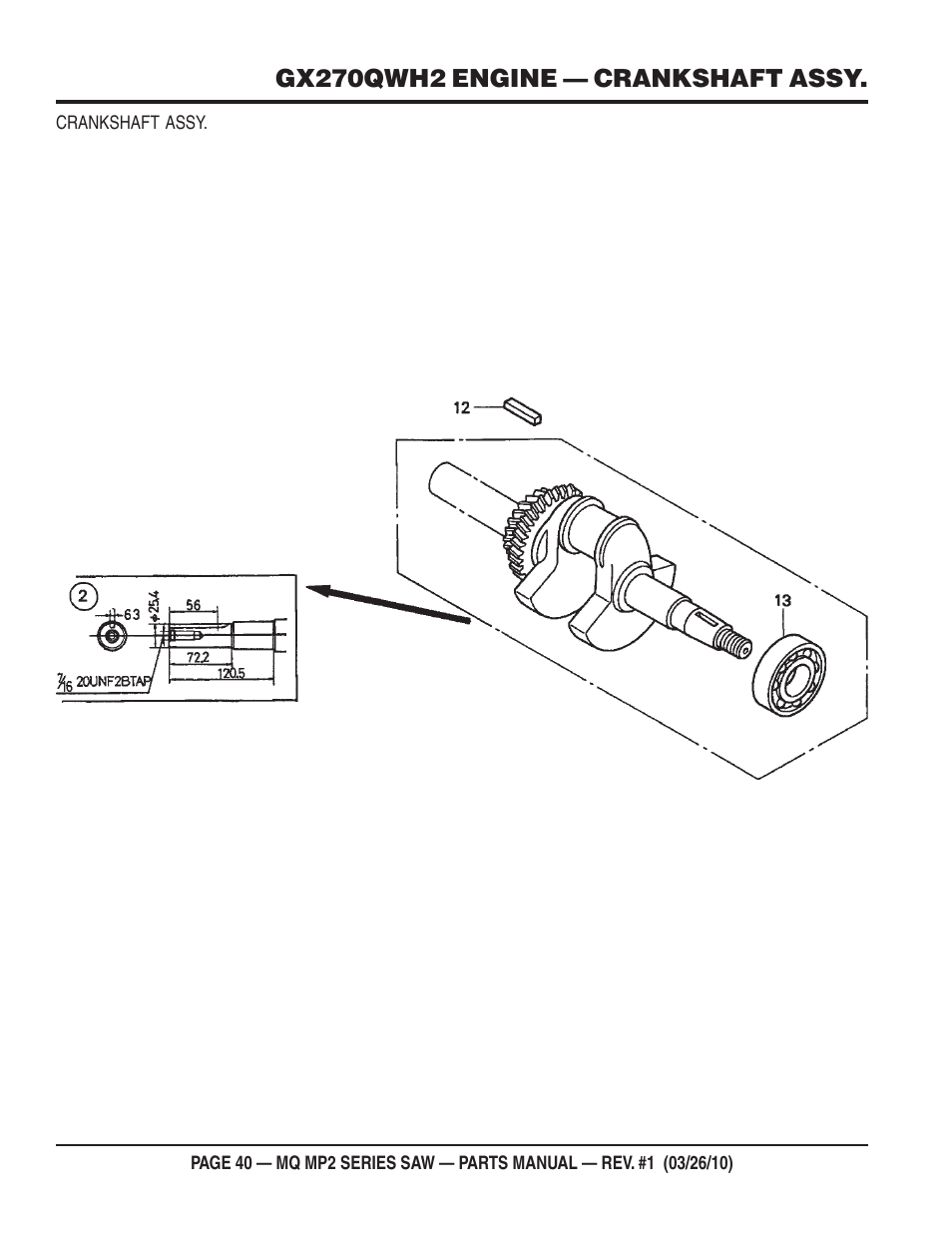 Gx270qwh2 engine — crankshaft assy | Multiquip MP25E1 User Manual | Page 40 / 64