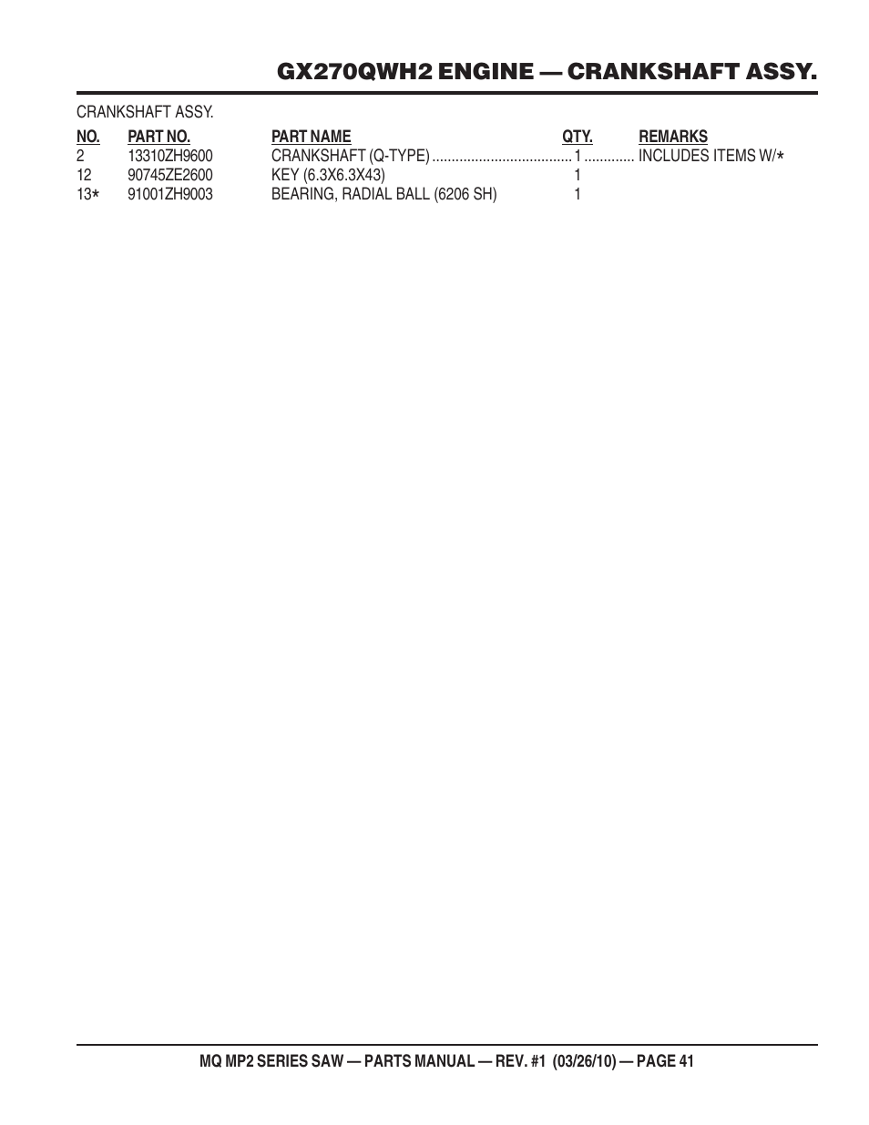 Gx270qwh2 engine — crankshaft assy | Multiquip MP25E1 User Manual | Page 41 / 64