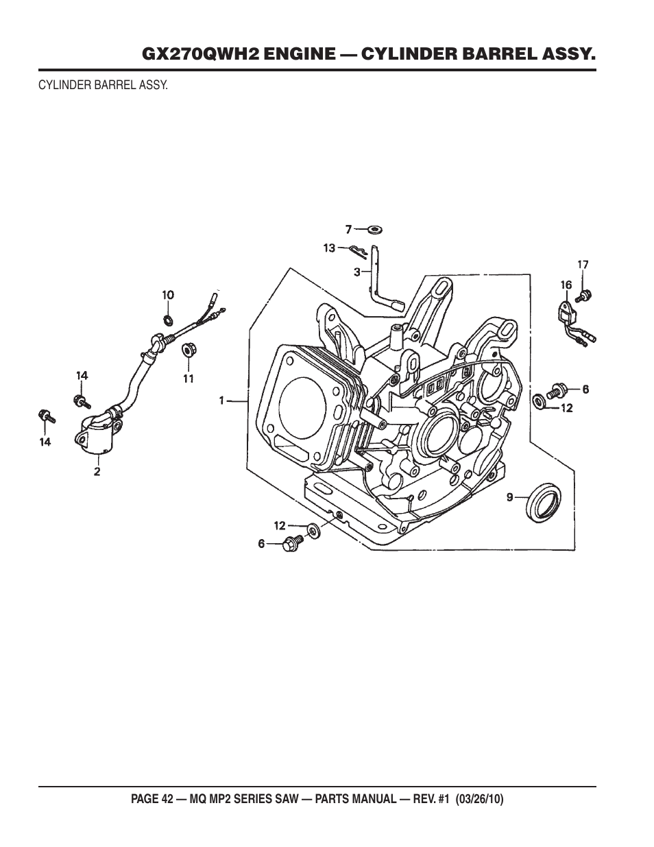 Gx270qwh2 engine — cylinder barrel assy | Multiquip MP25E1 User Manual | Page 42 / 64