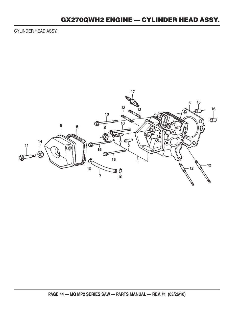 Gx270qwh2 engine — cylinder head assy | Multiquip MP25E1 User Manual | Page 44 / 64