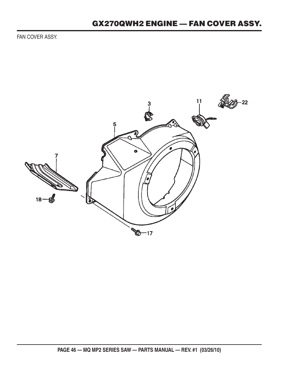 Gx270qwh2 engine — fan cover assy | Multiquip MP25E1 User Manual | Page 46 / 64