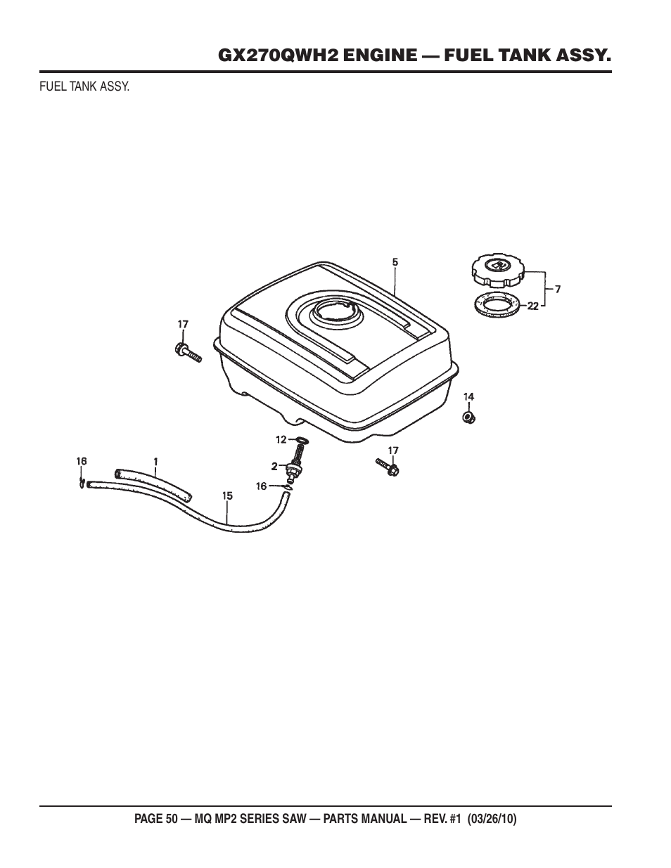 Gx270qwh2 engine — fuel tank assy | Multiquip MP25E1 User Manual | Page 50 / 64