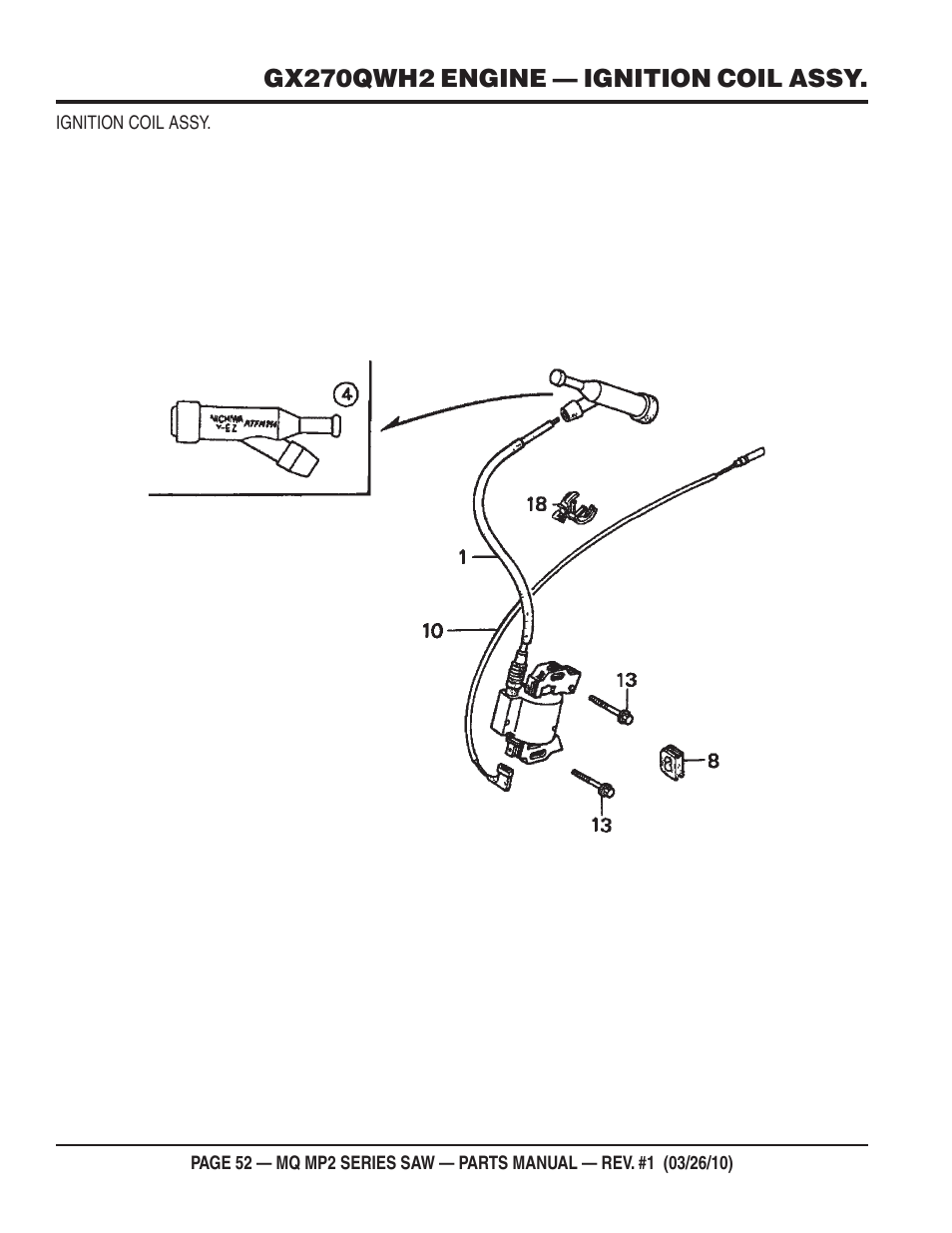 Gx270qwh2 engine — ignition coil assy | Multiquip MP25E1 User Manual | Page 52 / 64