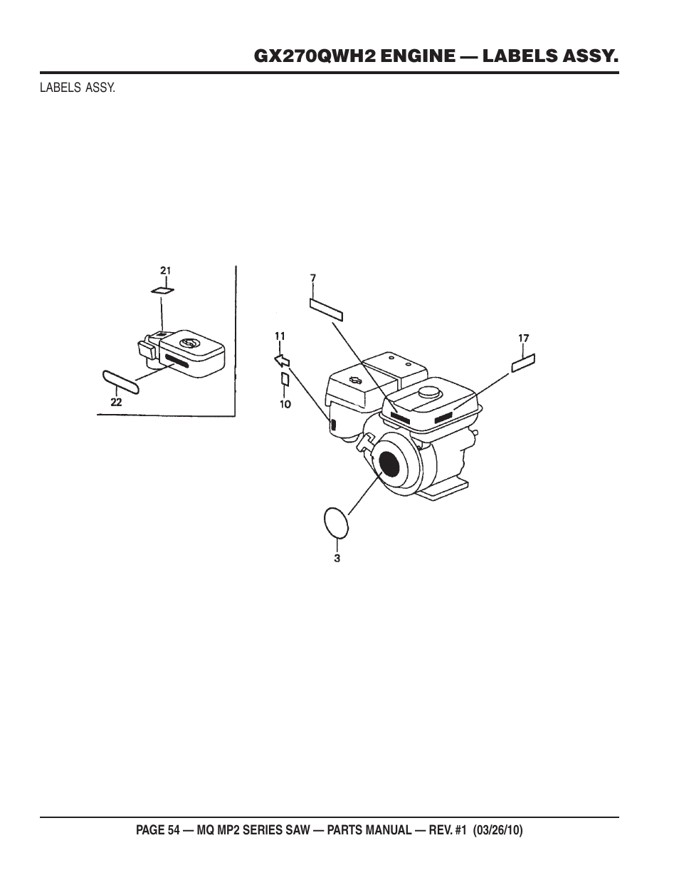 Gx270qwh2 engine — labels assy | Multiquip MP25E1 User Manual | Page 54 / 64