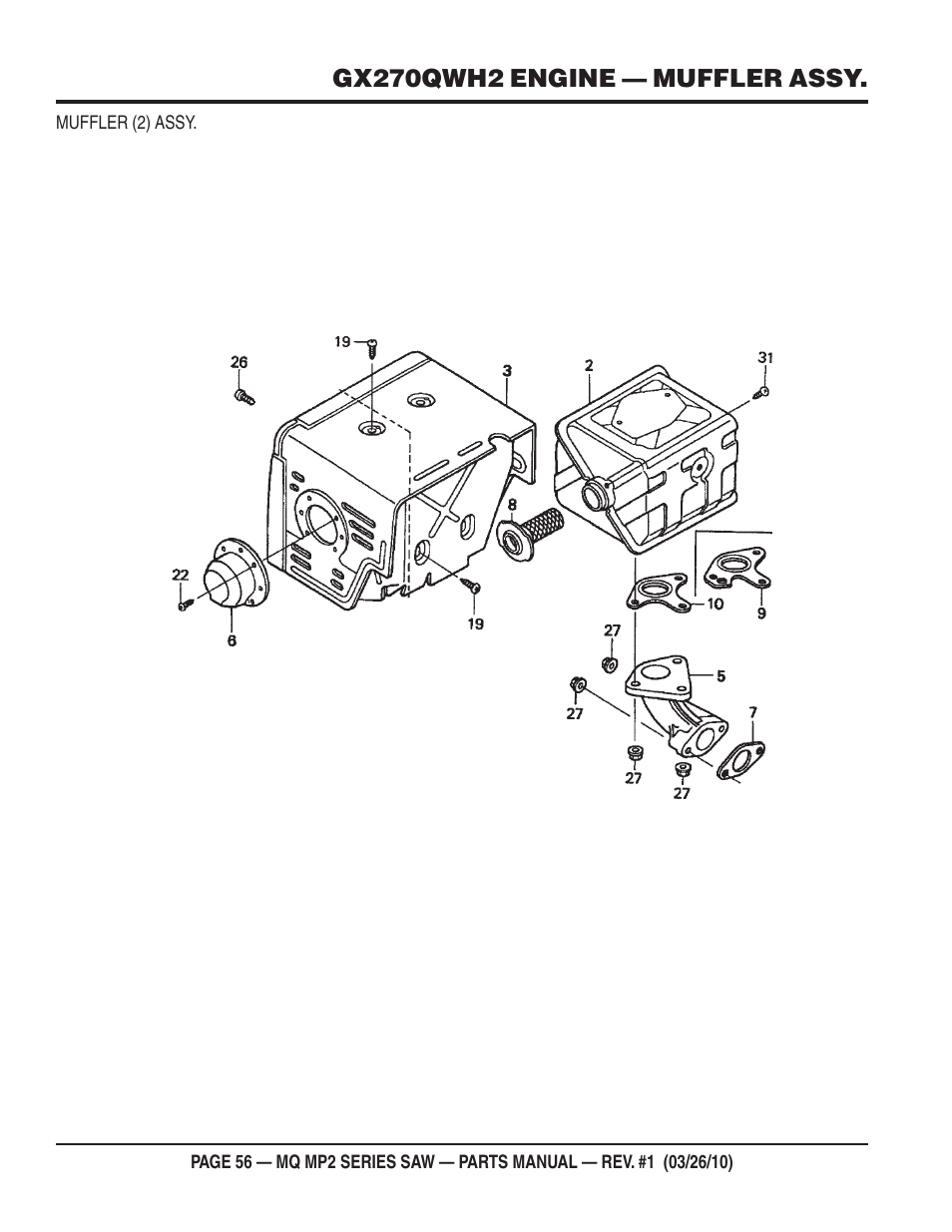 Gx270qwh2 engine — muffler assy | Multiquip MP25E1 User Manual | Page 56 / 64