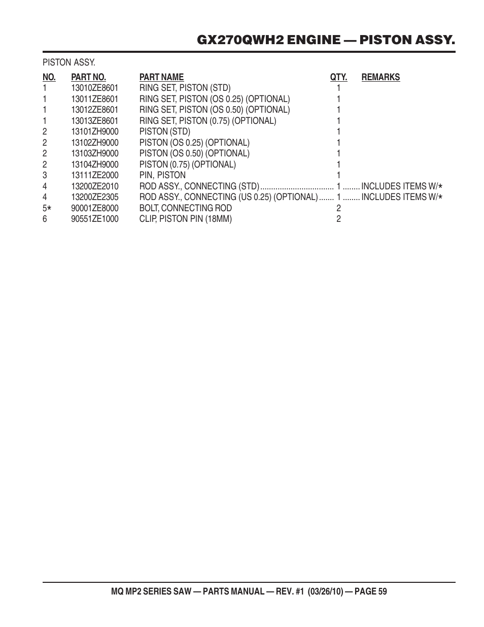 Gx270qwh2 engine — piston assy | Multiquip MP25E1 User Manual | Page 59 / 64