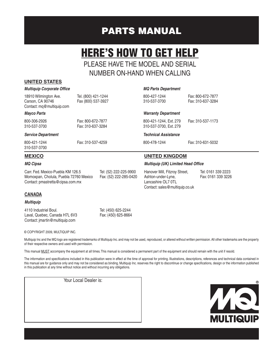 Here’s how to get help, Parts manual | Multiquip MP25E1 User Manual | Page 64 / 64