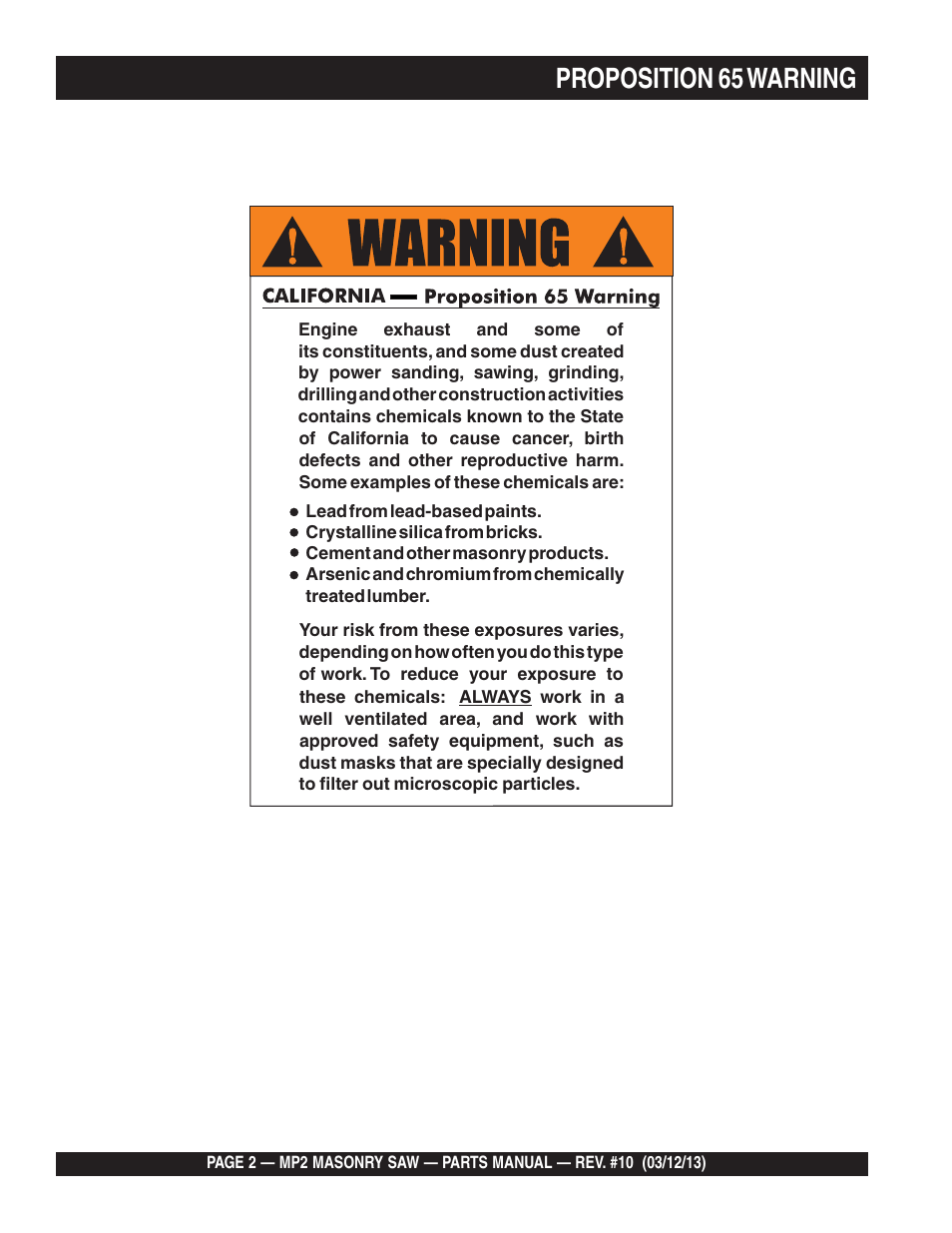 Proposition 65 warning | Multiquip MP2090HP User Manual | Page 2 / 64