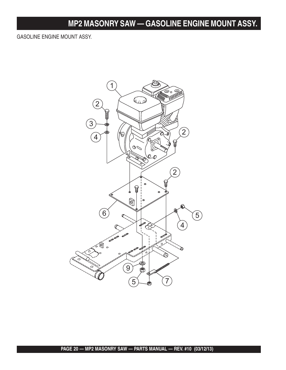 Mp2 masonry saw — gasoline engine mount assy | Multiquip MP2090HP User Manual | Page 20 / 64