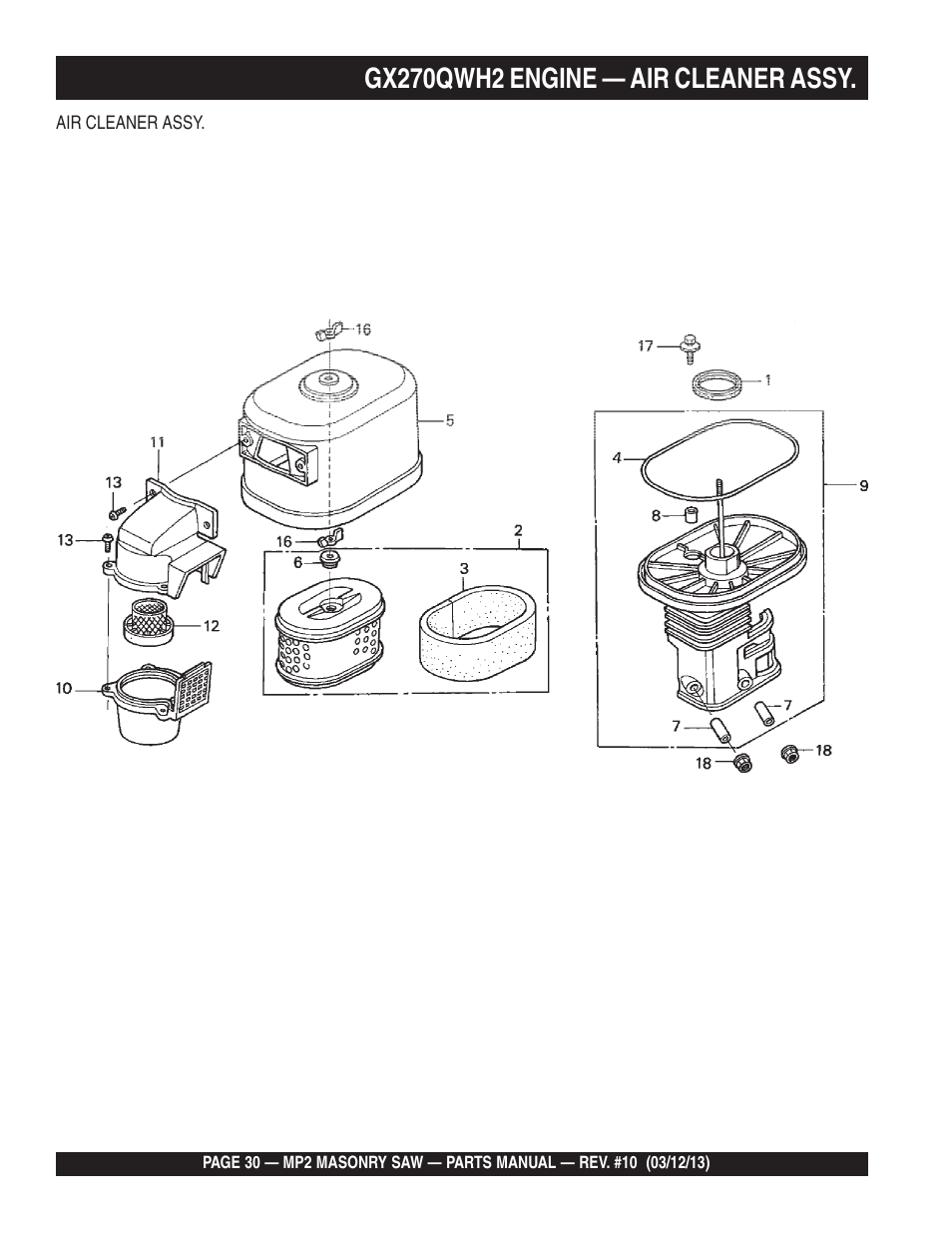 Gx270qwh2 engine — air cleaner assy | Multiquip MP2090HP User Manual | Page 30 / 64