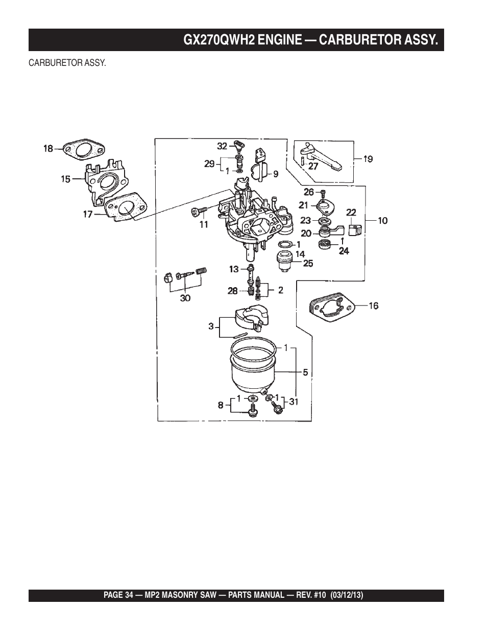 Gx270qwh2 engine — carburetor assy | Multiquip MP2090HP User Manual | Page 34 / 64