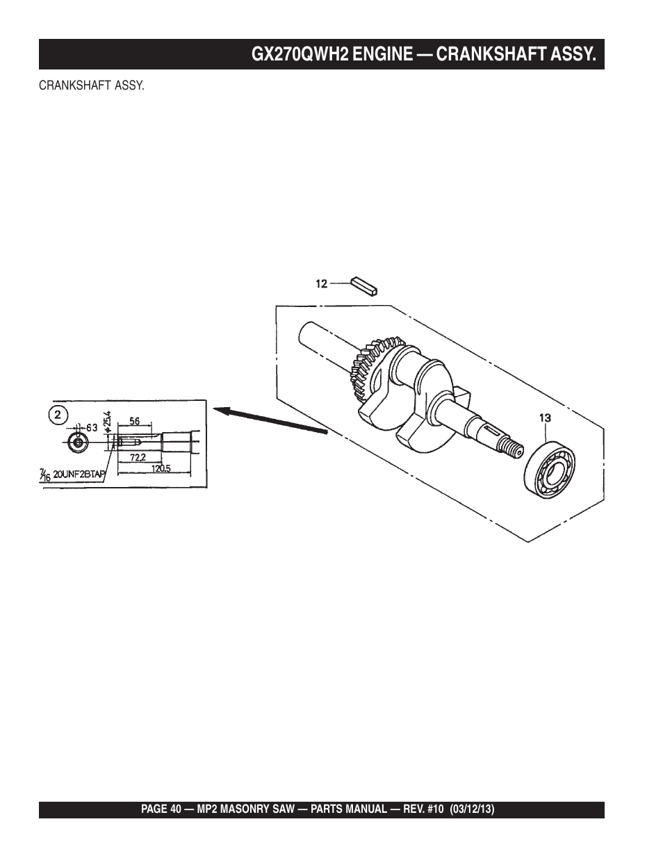 Gx270qwh2 engine — crankshaft assy | Multiquip MP2090HP User Manual | Page 40 / 64