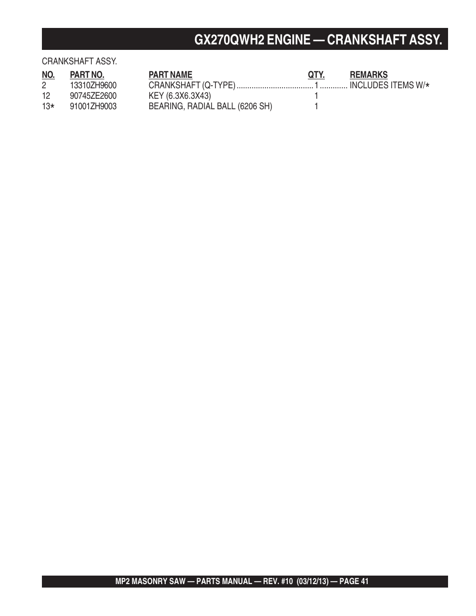 Gx270qwh2 engine — crankshaft assy | Multiquip MP2090HP User Manual | Page 41 / 64