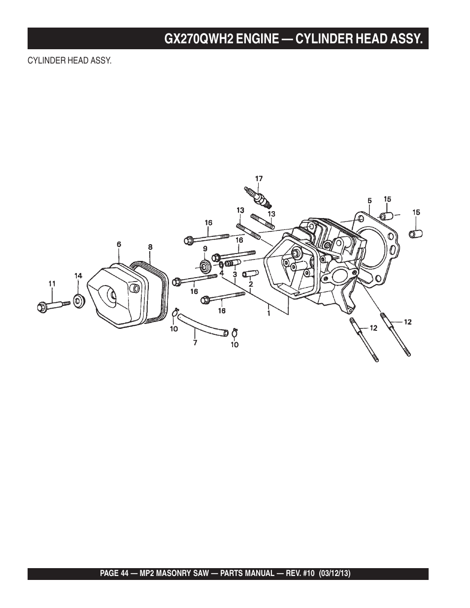 Gx270qwh2 engine — cylinder head assy | Multiquip MP2090HP User Manual | Page 44 / 64