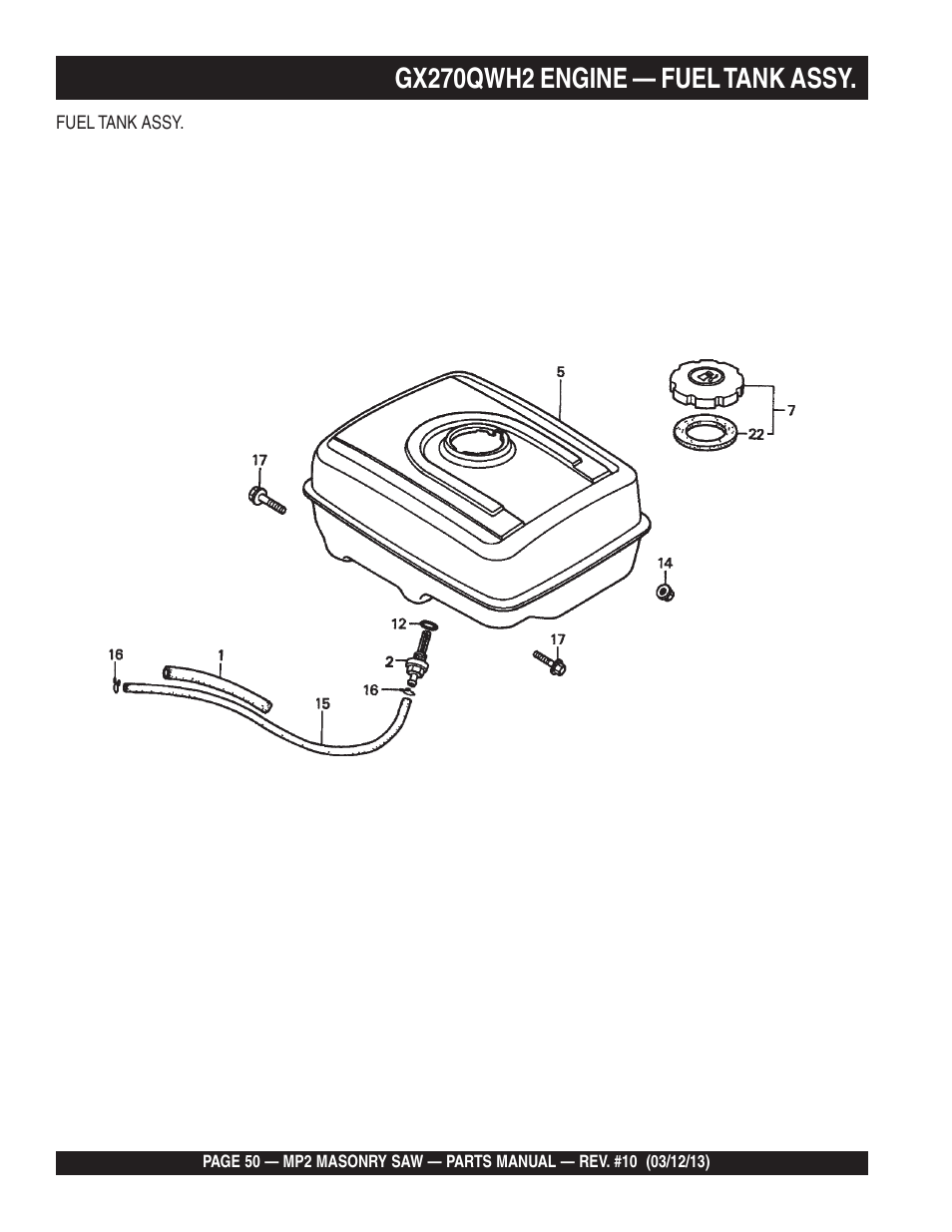 Gx270qwh2 engine — fuel tank assy | Multiquip MP2090HP User Manual | Page 50 / 64