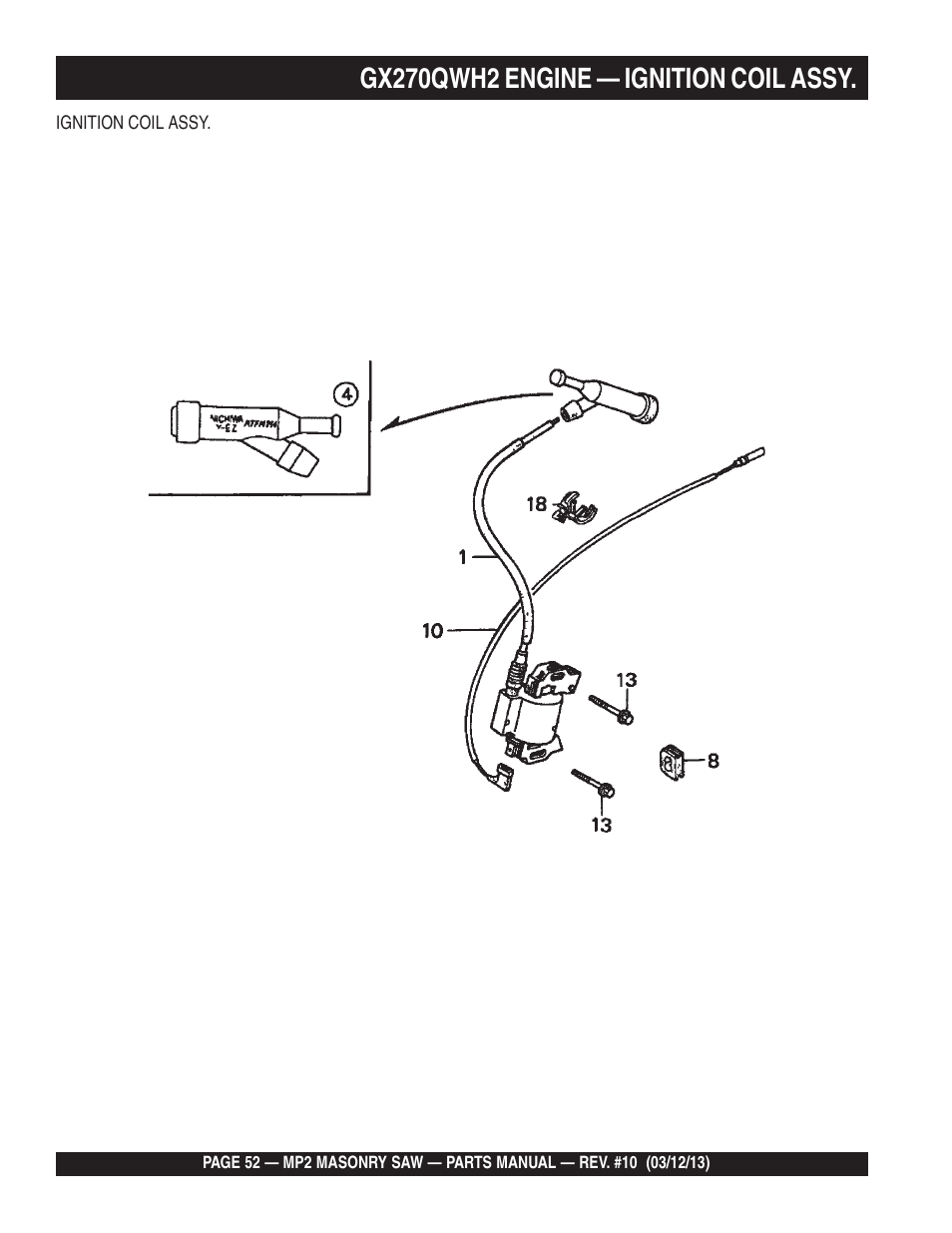 Gx270qwh2 engine — ignition coil assy | Multiquip MP2090HP User Manual | Page 52 / 64