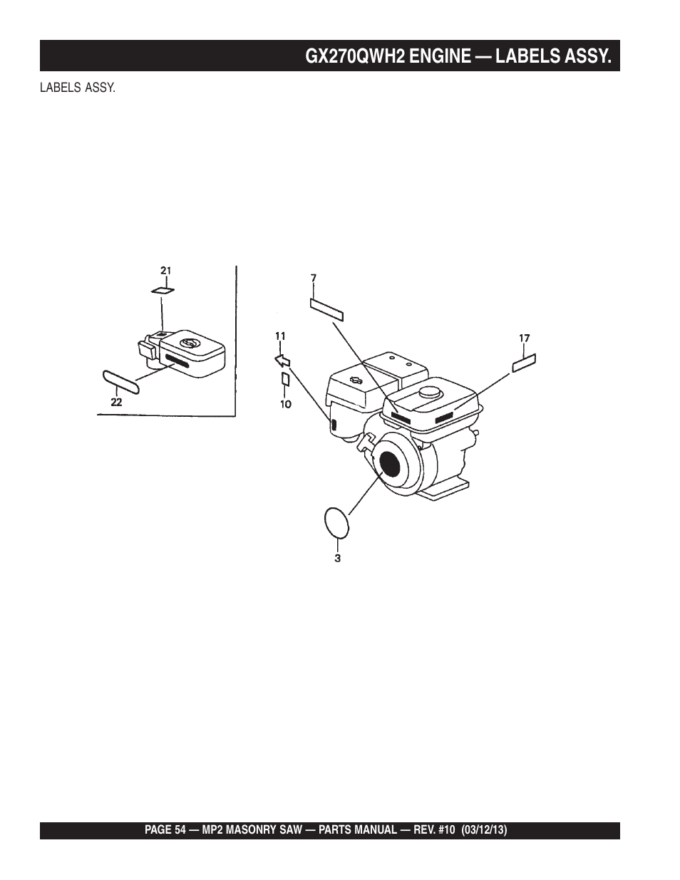 Gx270qwh2 engine — labels assy | Multiquip MP2090HP User Manual | Page 54 / 64
