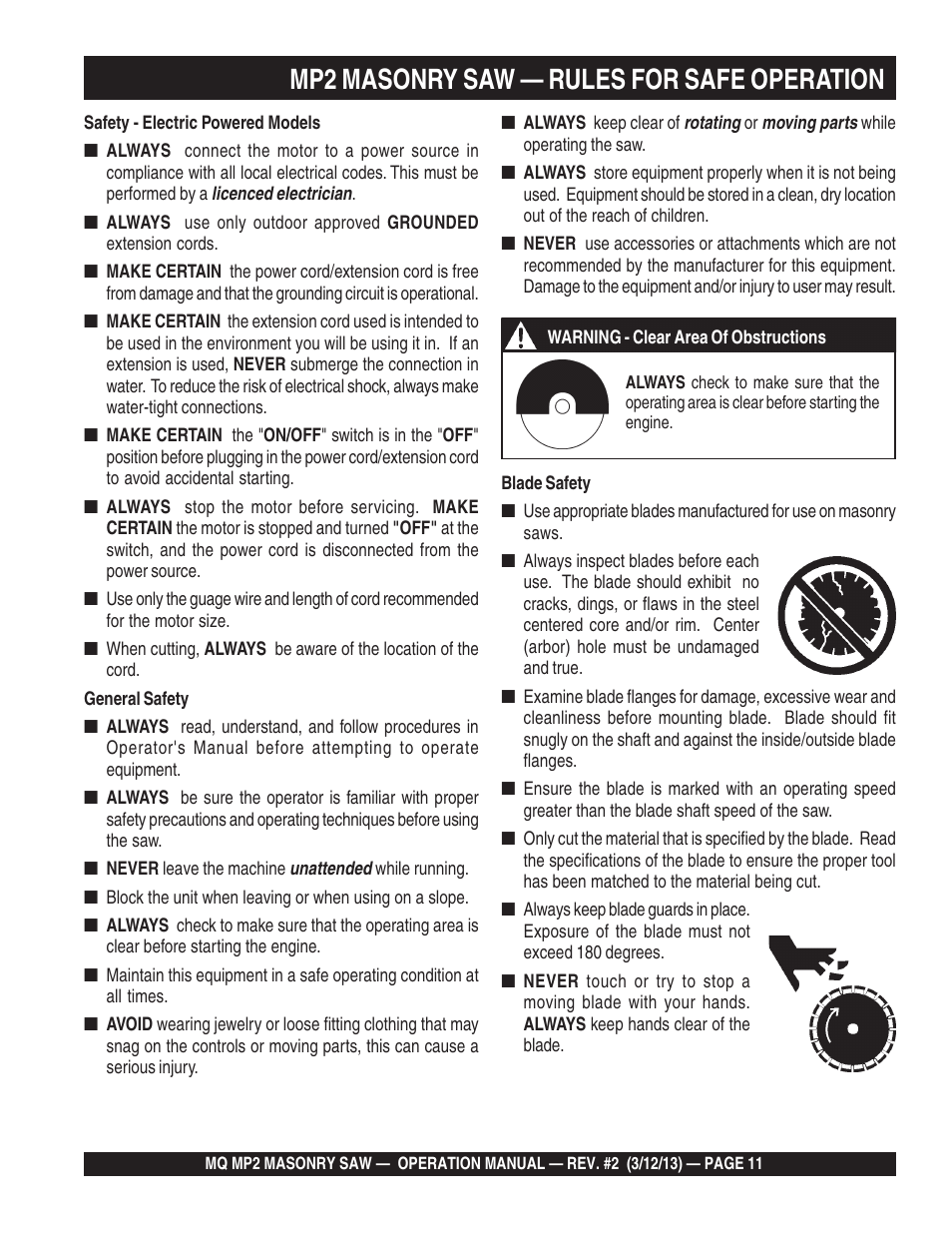Mp2 masonry saw — rules for safe operation | Multiquip MP2090HP User Manual | Page 11 / 42